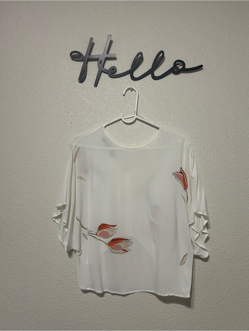 Zara White Floral Dolman Blouse with Orange Accents